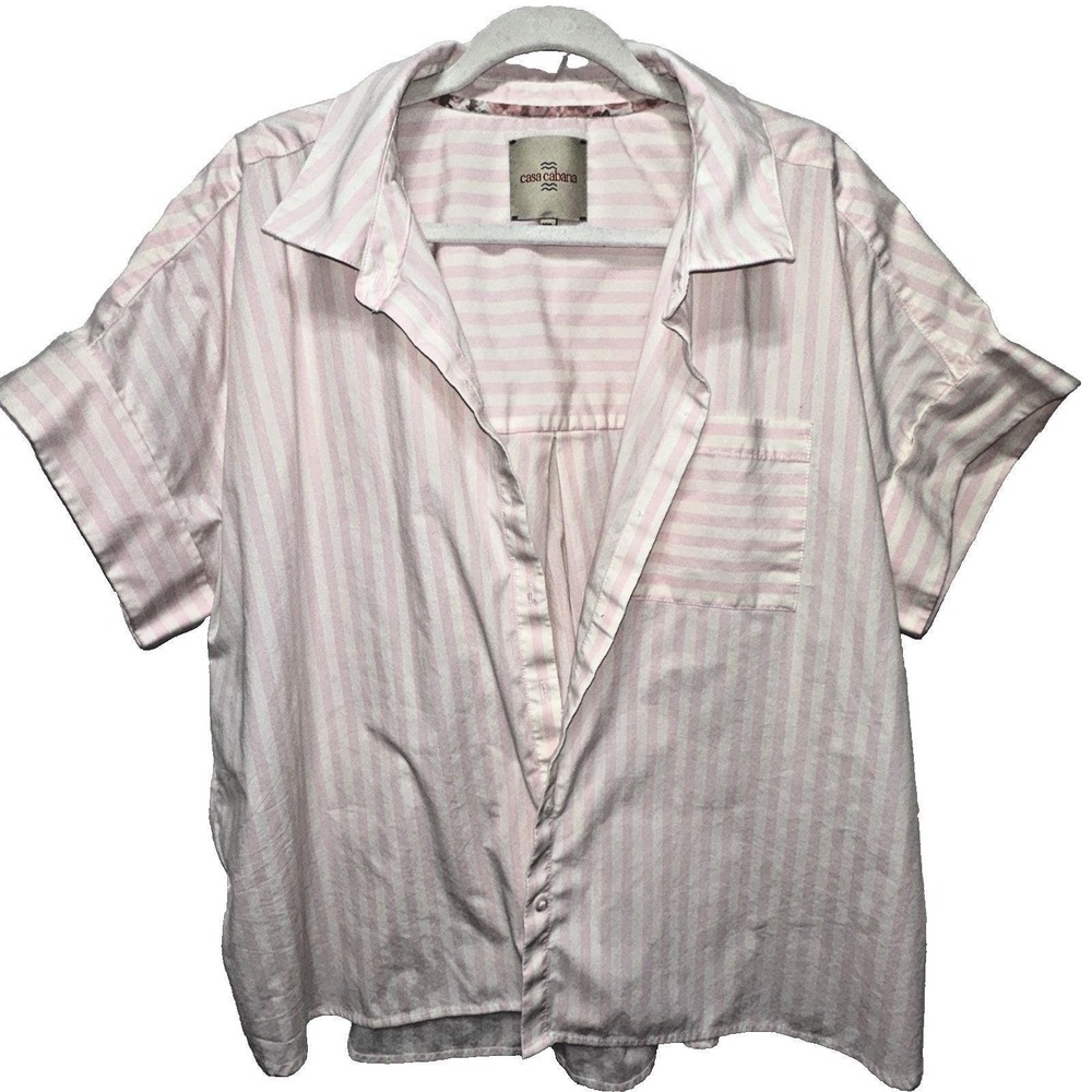 Casa Cabana Women XXL White/Pimk Pleated Back- Button Up- Cuffed Short Sleeve